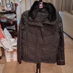 The Kooples Charcoal Puffer Jacket with Faux Fur Trim